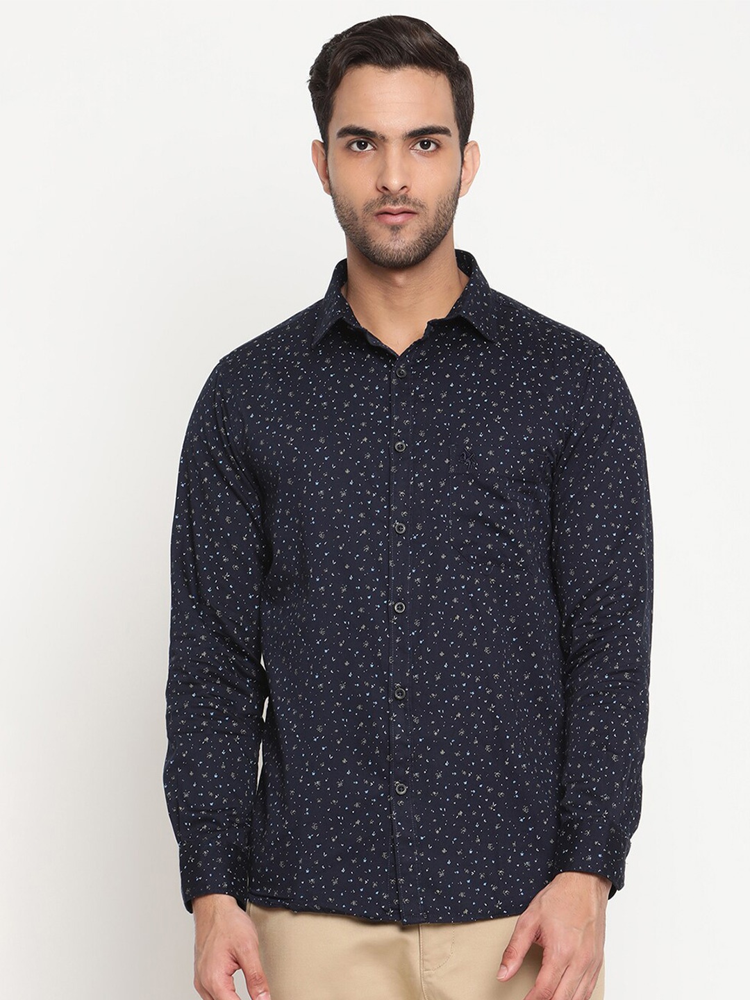 

Cantabil Men Navy Blue Original Semi Sheer Printed Casual Shirt