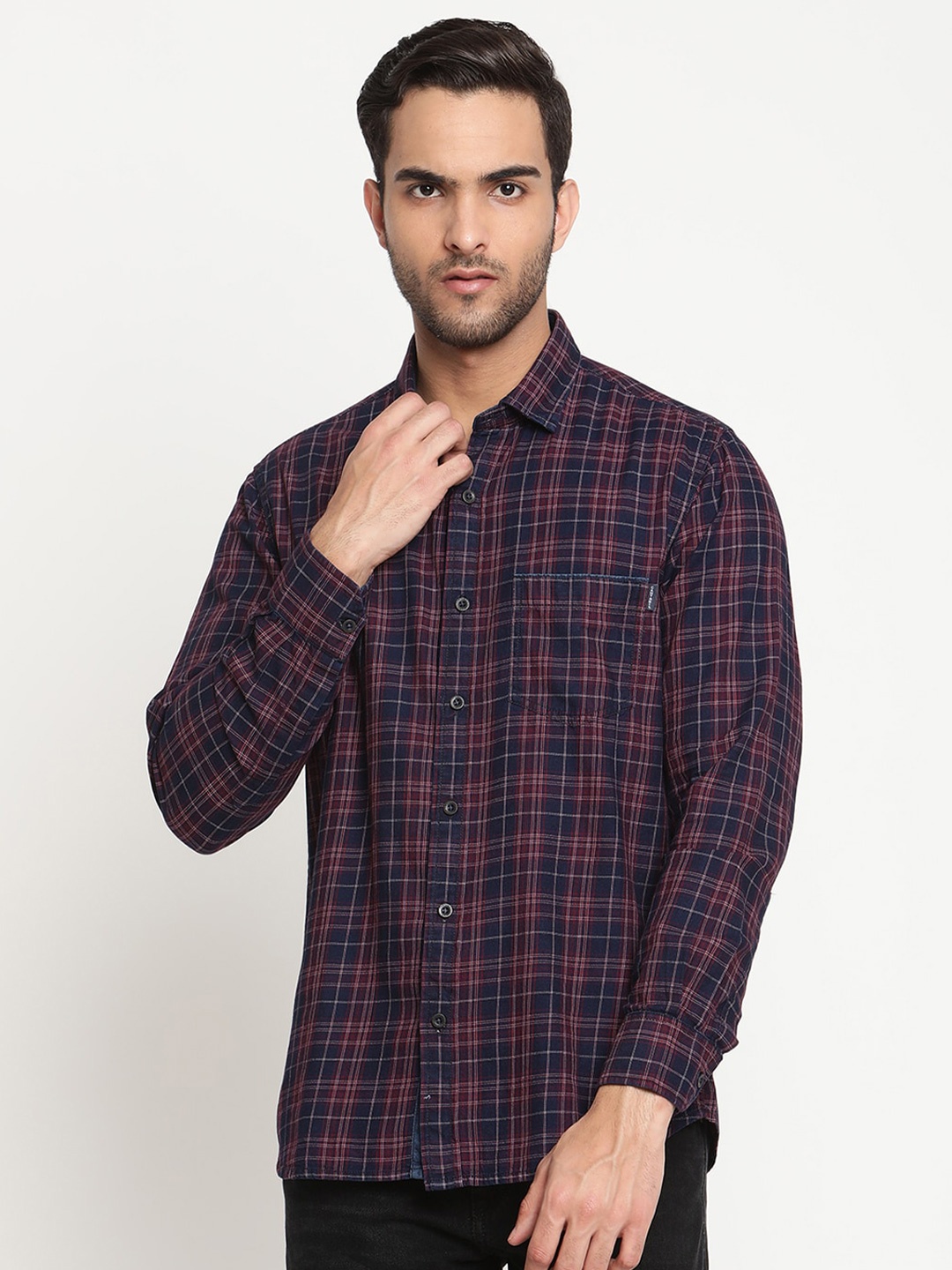 

Cantabil Men Navy Blue Original Tartan Checks Semi Sheer Checked Casual Shirt