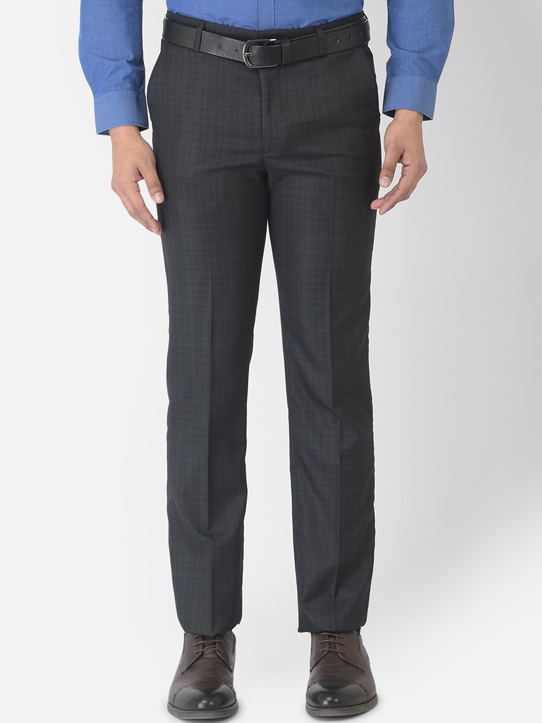 

Canary London Men Navy Blue Checked Smart Slim Fit Wrinkle Free Formal Trousers