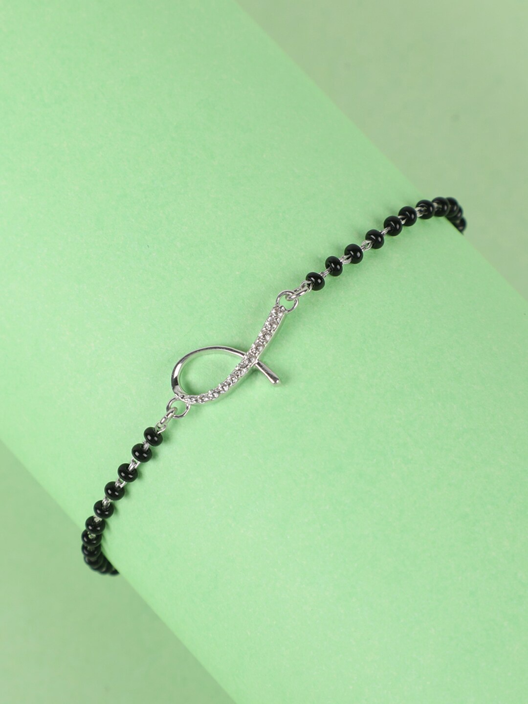 

Clara Women Silver-Toned & Black Sterling Silver Cubic Zirconia Mangalsutra Link Bracelet