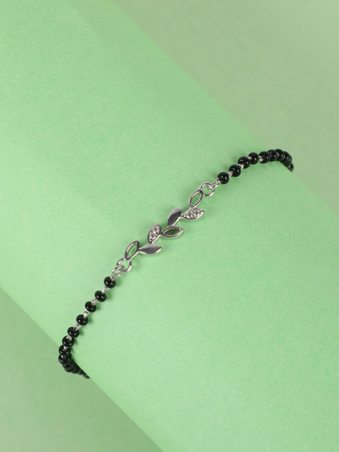 

Clara Women Silver-Toned & Black Sterling Silver Rhodium-Plated Leaf Mangalsutra Bracelet