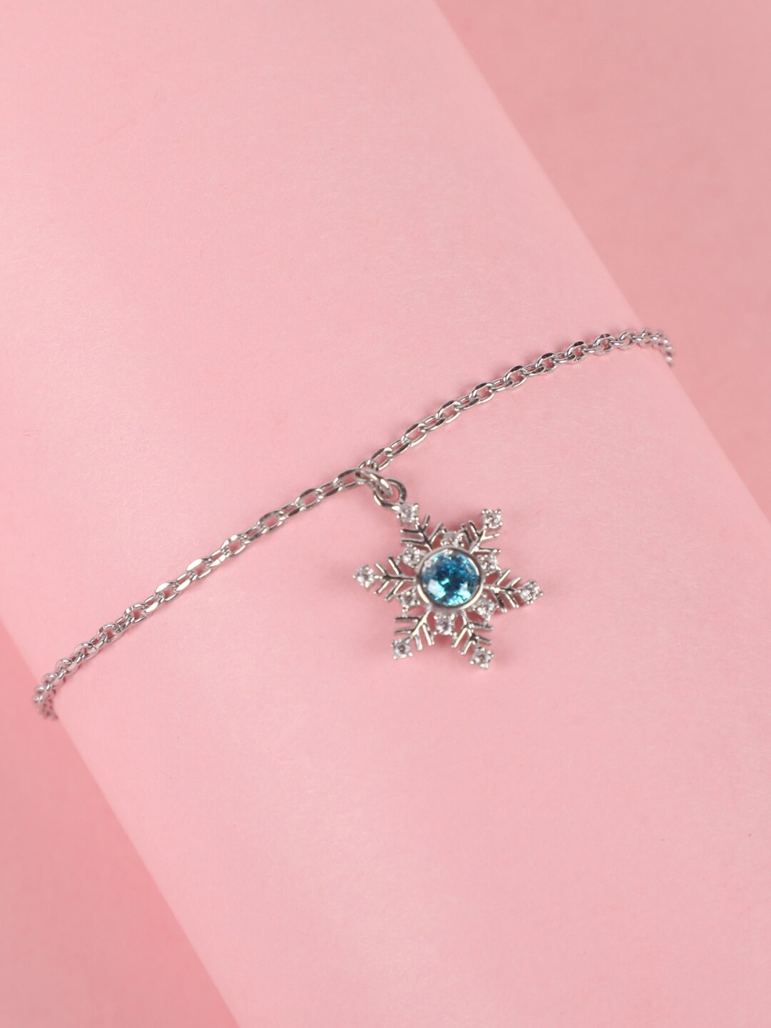 

Clara Blue & Silver-Toned Rhodium-Plated Snowflake Solitaire CZ Charm Bracelet