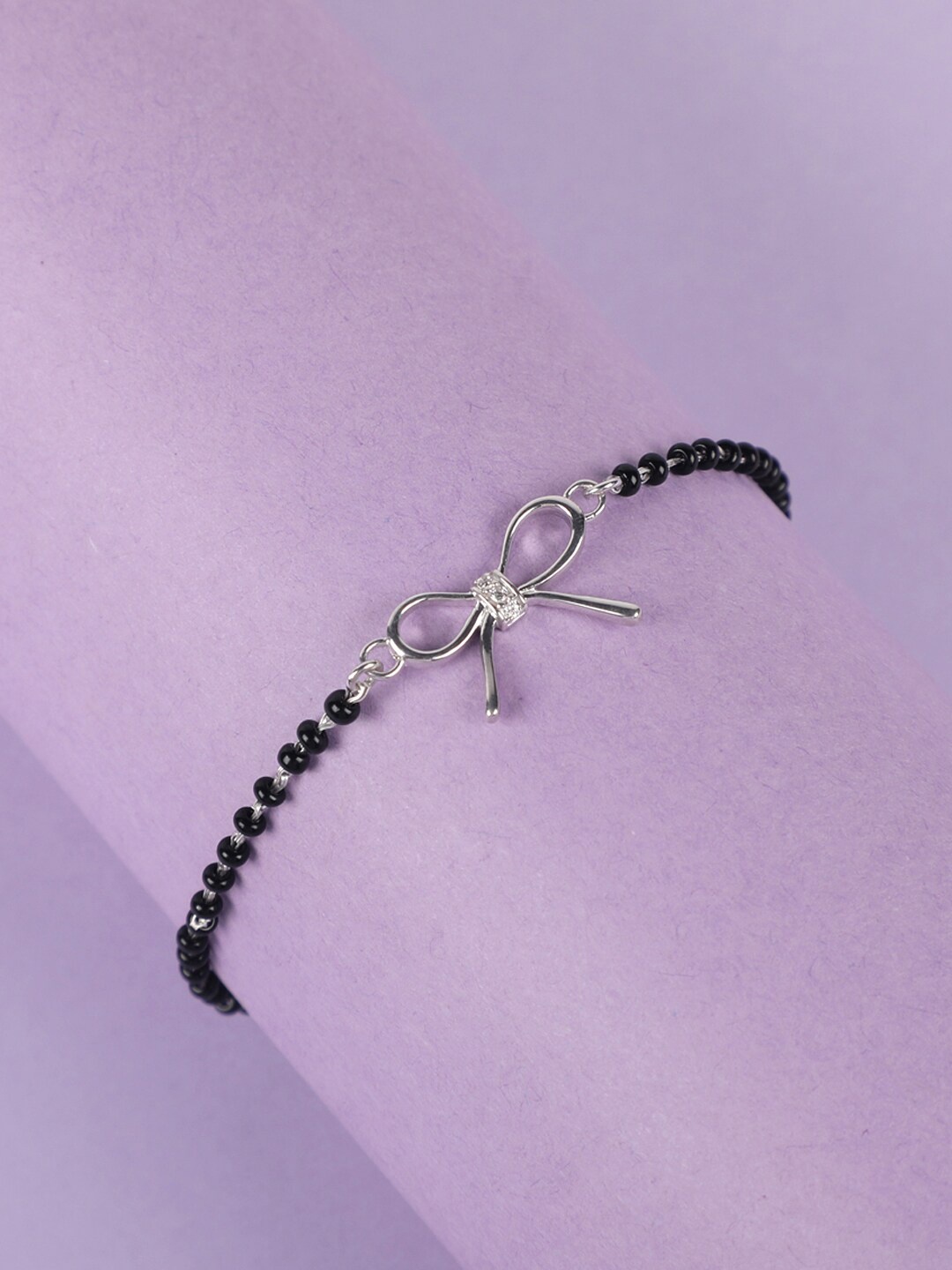 

Clara Women Silver-Toned & Black Sterling Silver Rhodium-Plated Bow Mangalsutra Bracelet