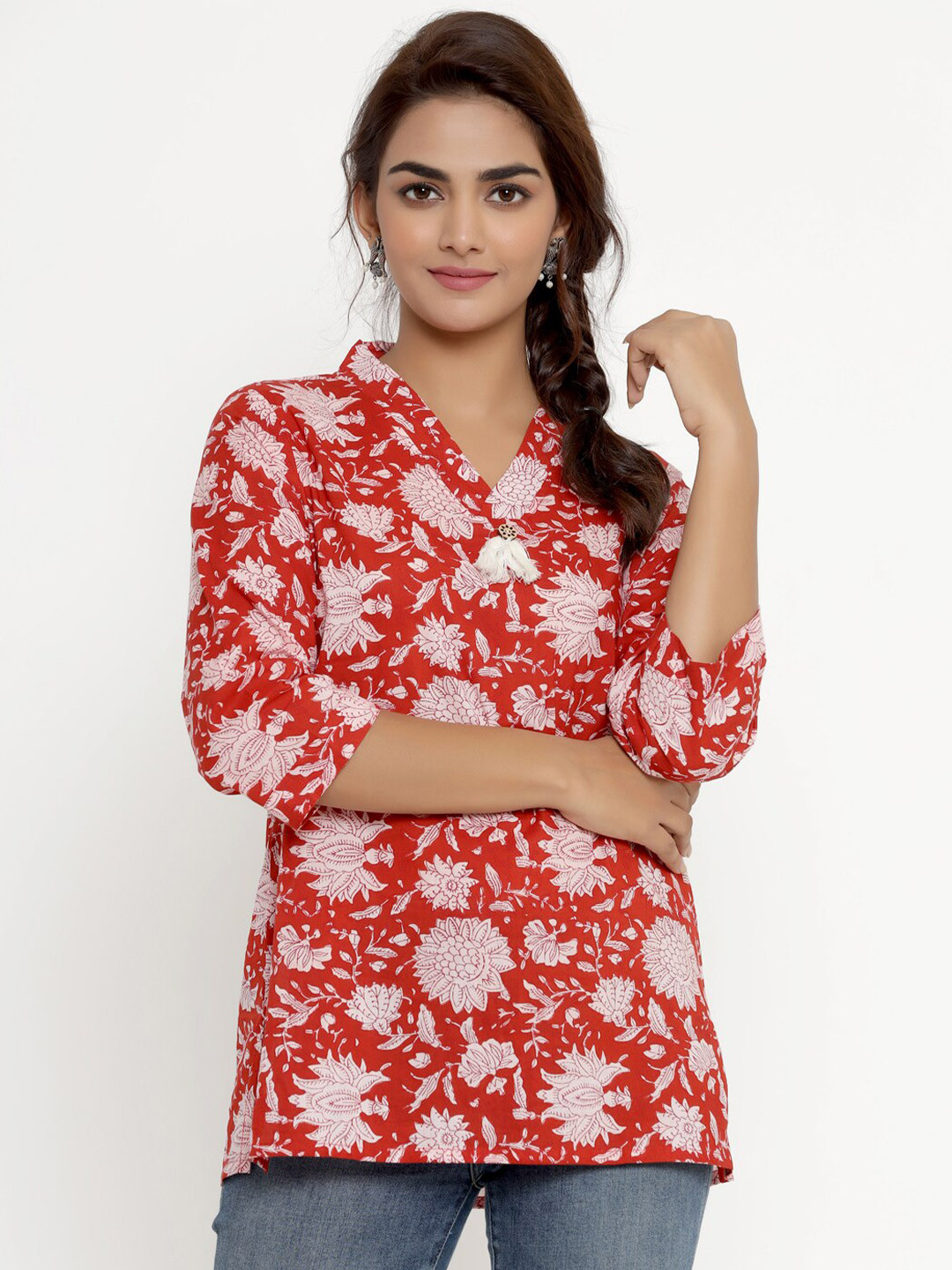 

MIRAVAN Women Red Floral Printed Mandarin Collar Pure Cotton Top