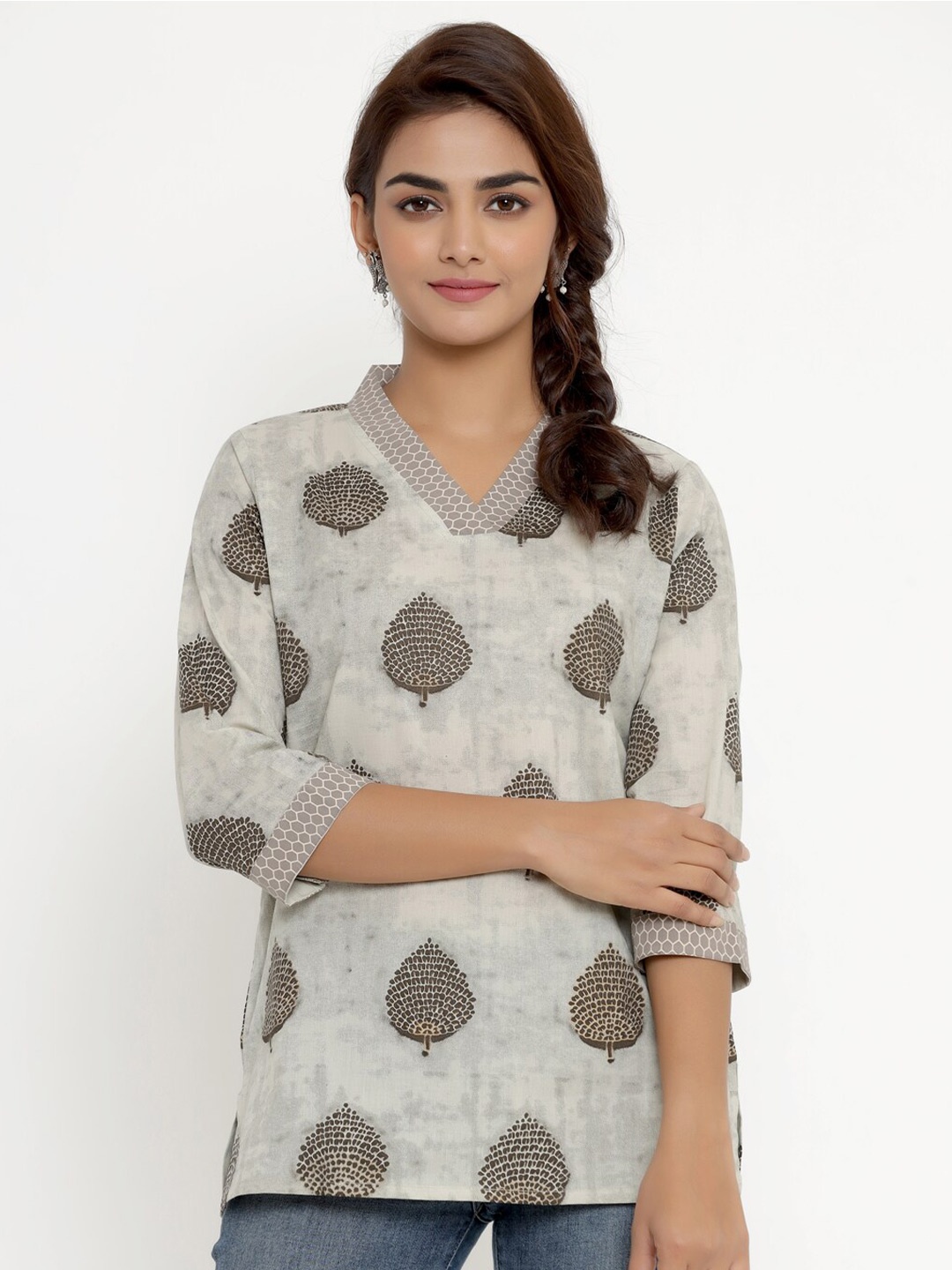 

MIRAVAN Women Brown Floral Printed Pure Cotton Top