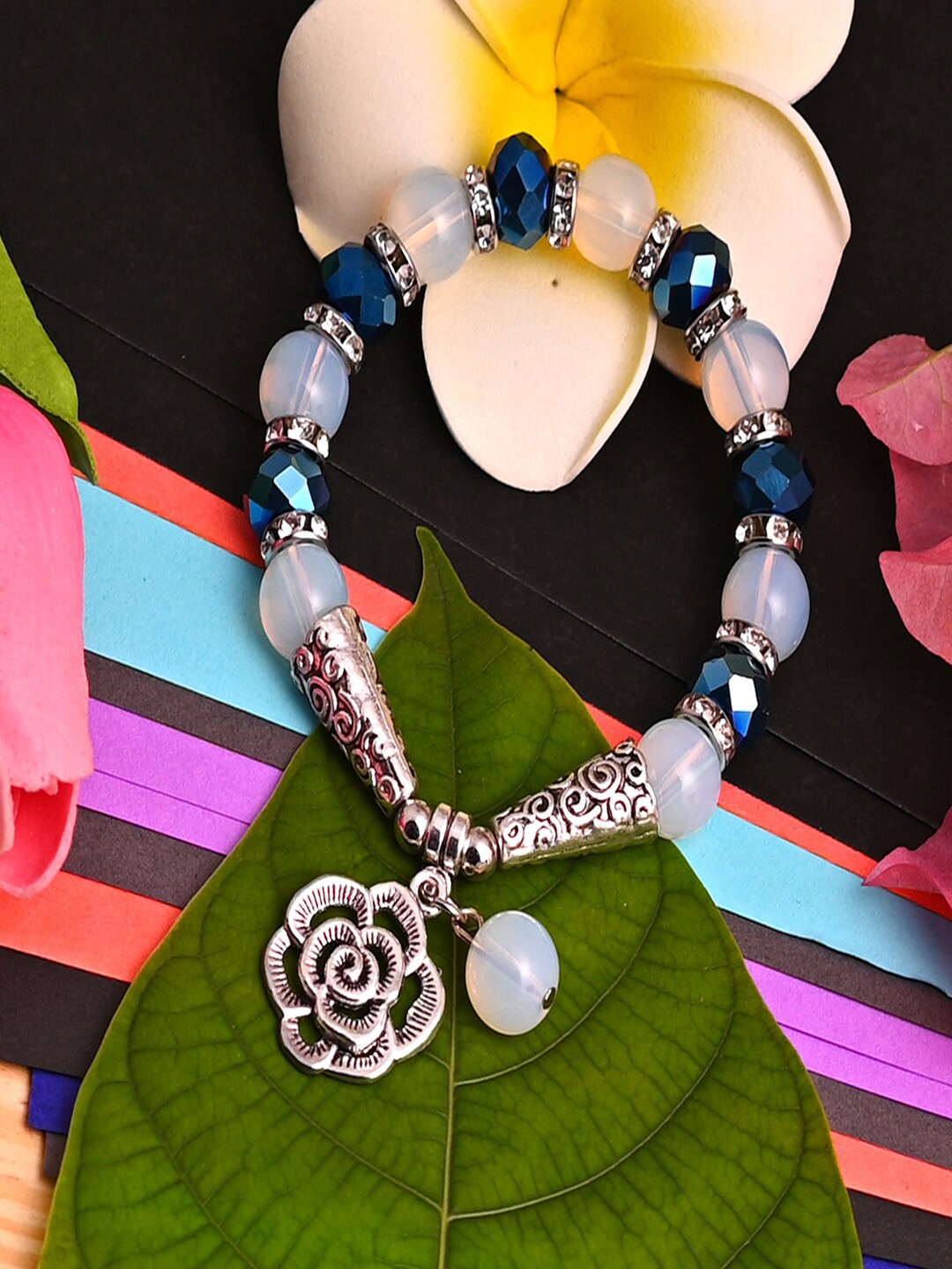 

Jewelz Women Silver-Toned & Blue Silver-Plated Stones Link Bracelet