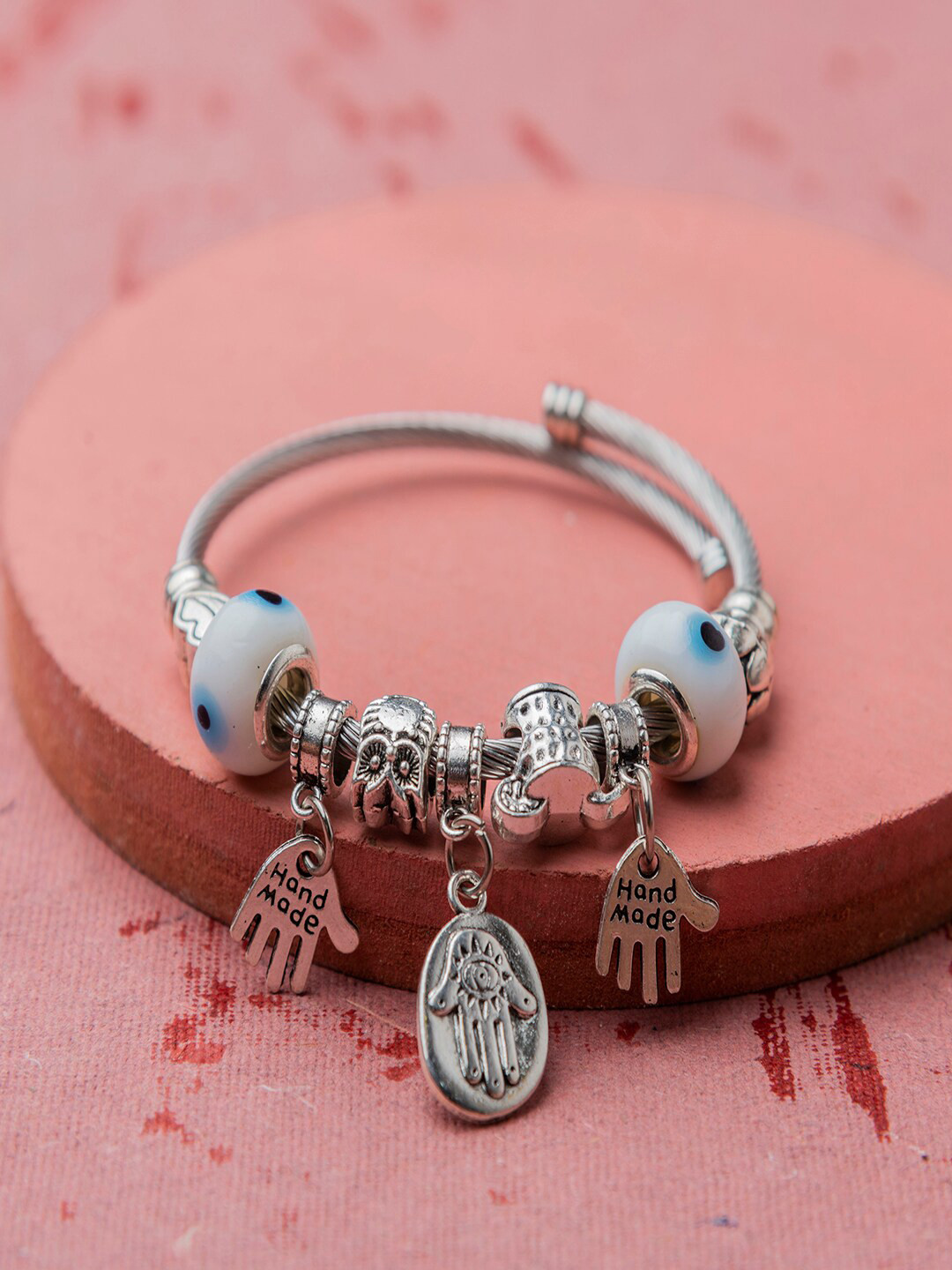 

Jewelz Women White & Silver-Toned & Plated Tribal Oxidised Kada Bracelet