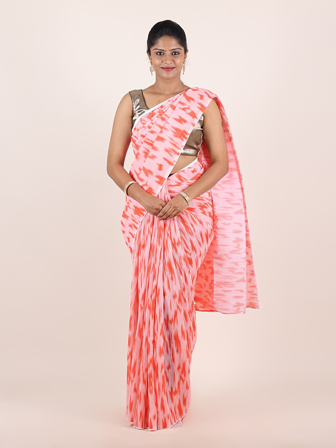

Pothys Peach-Coloured & White Poly Georgette Saree