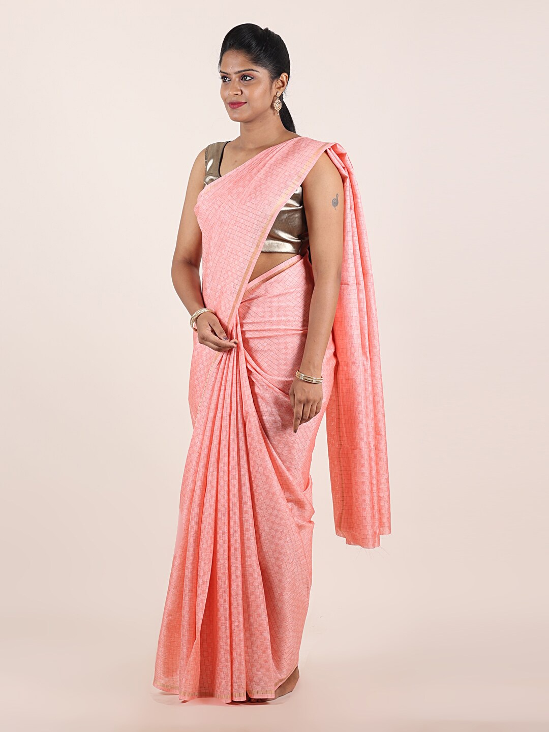 

Pothys Peach-Coloured & Gold-Toned Checked Zari Saree