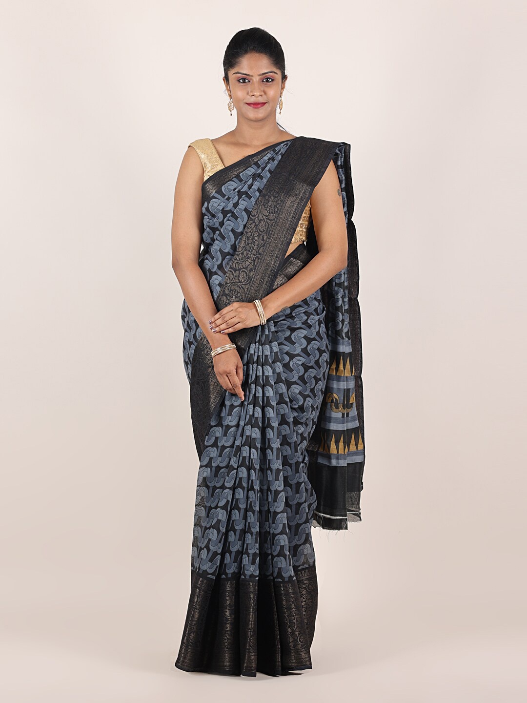 

Pothys Grey & Yellow Printed Zari Jute Silk Saree