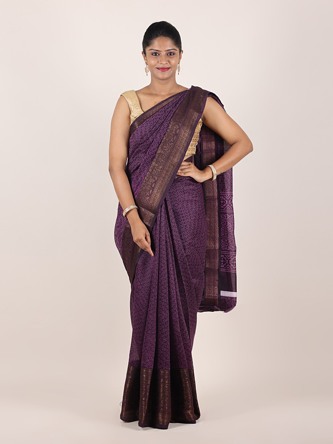 

Pothys Violet & Gold-Toned Zari Jute Silk Saree