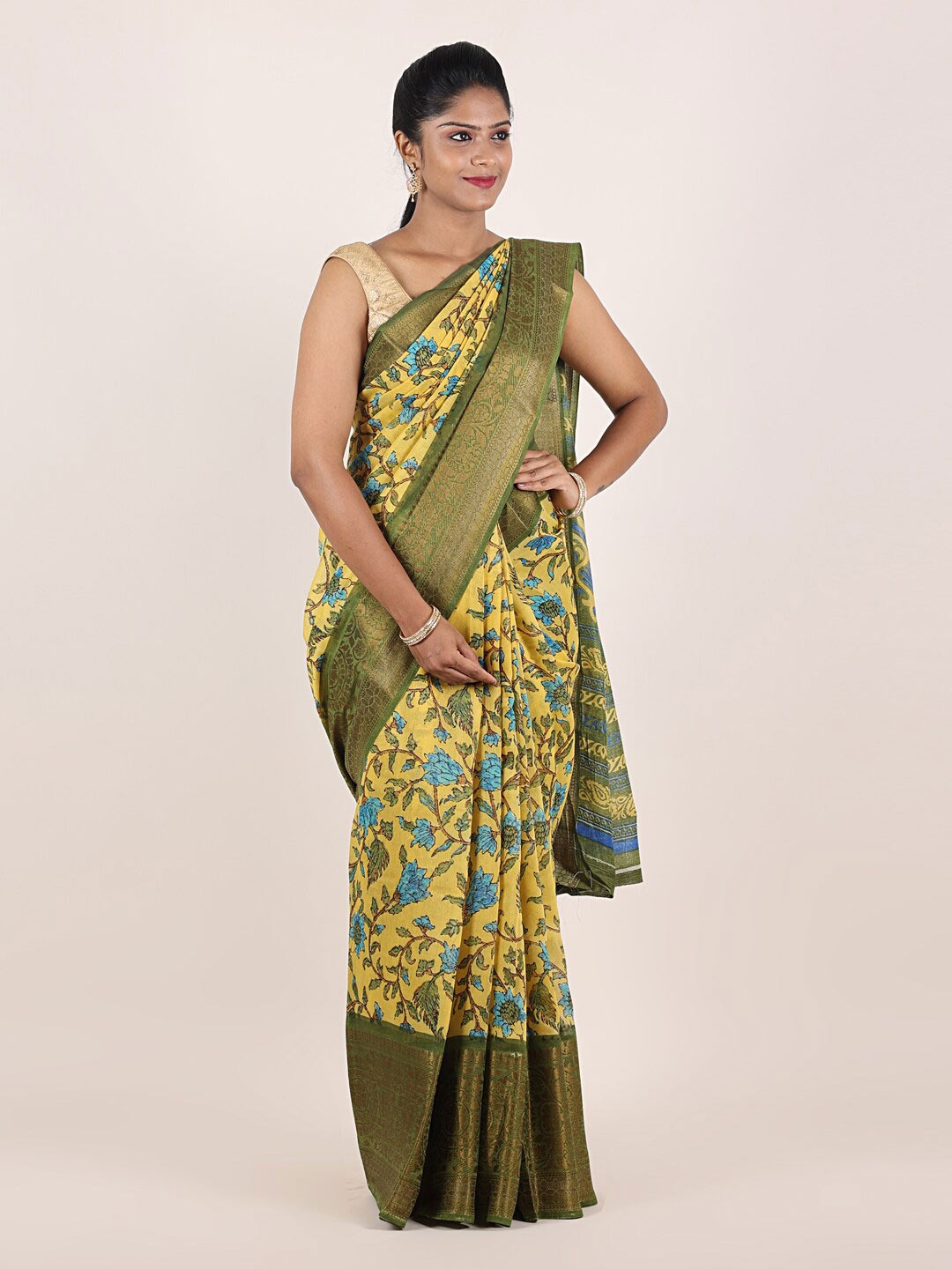 

Pothys Yellow & Green Floral Zari Jute Silk Saree