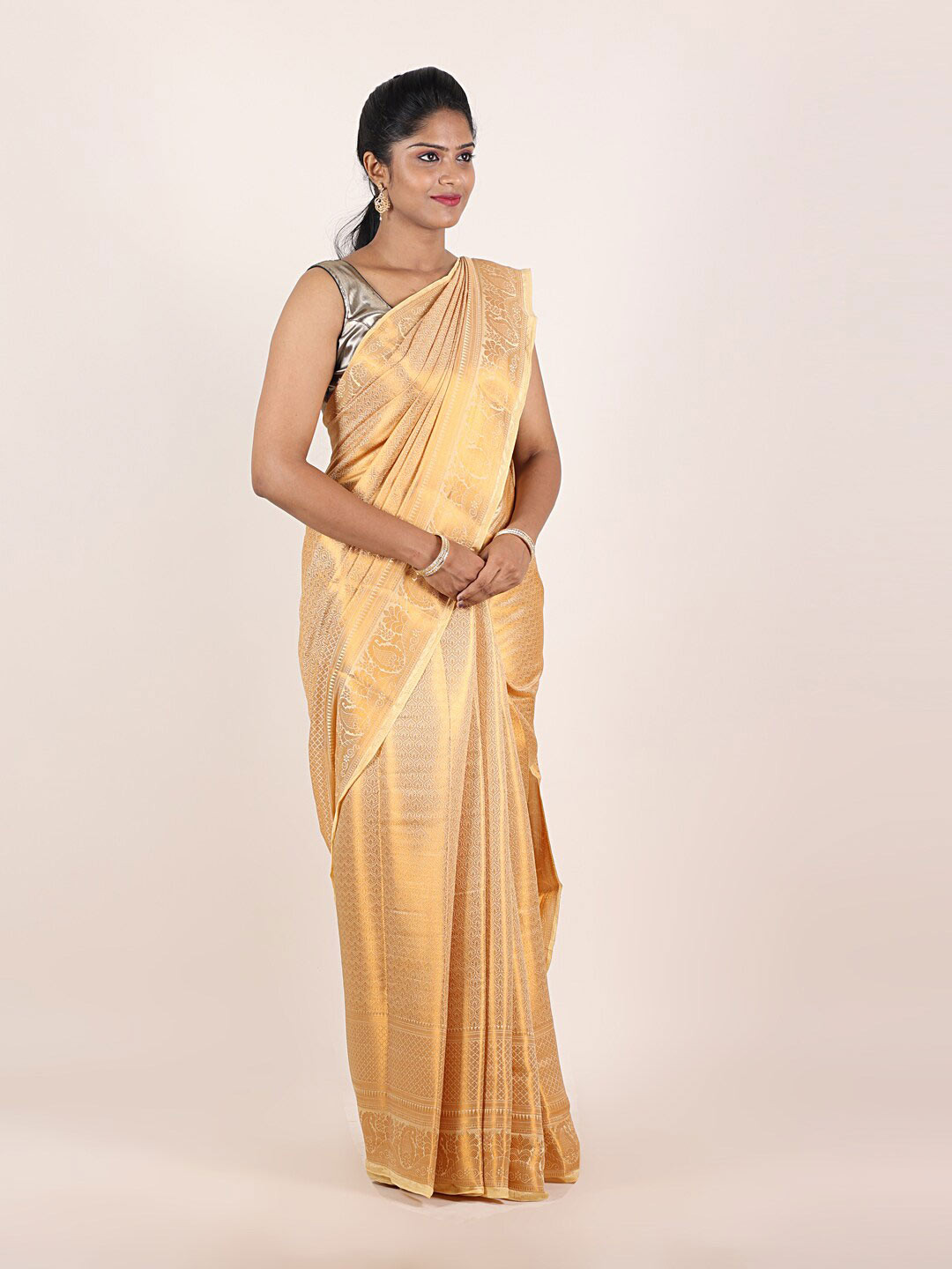 

Pothys Cream & Gold-Toned Floral Woven Design Saree