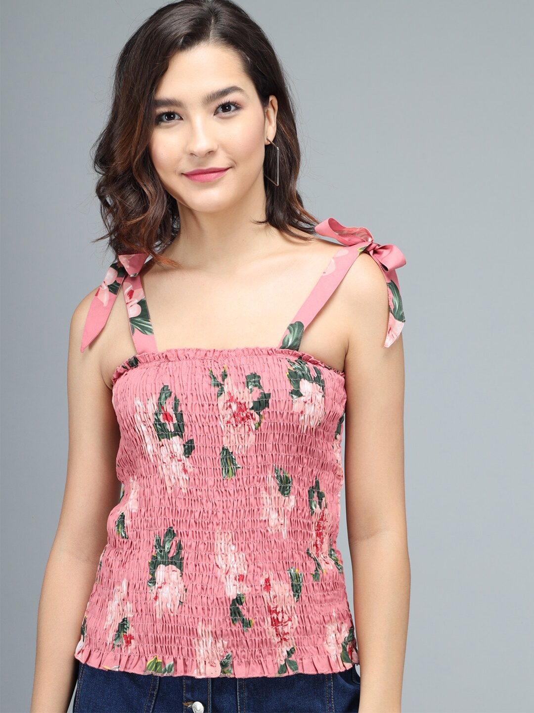 

Darzi Pink & Green Floral Print Smocked Crepe Top