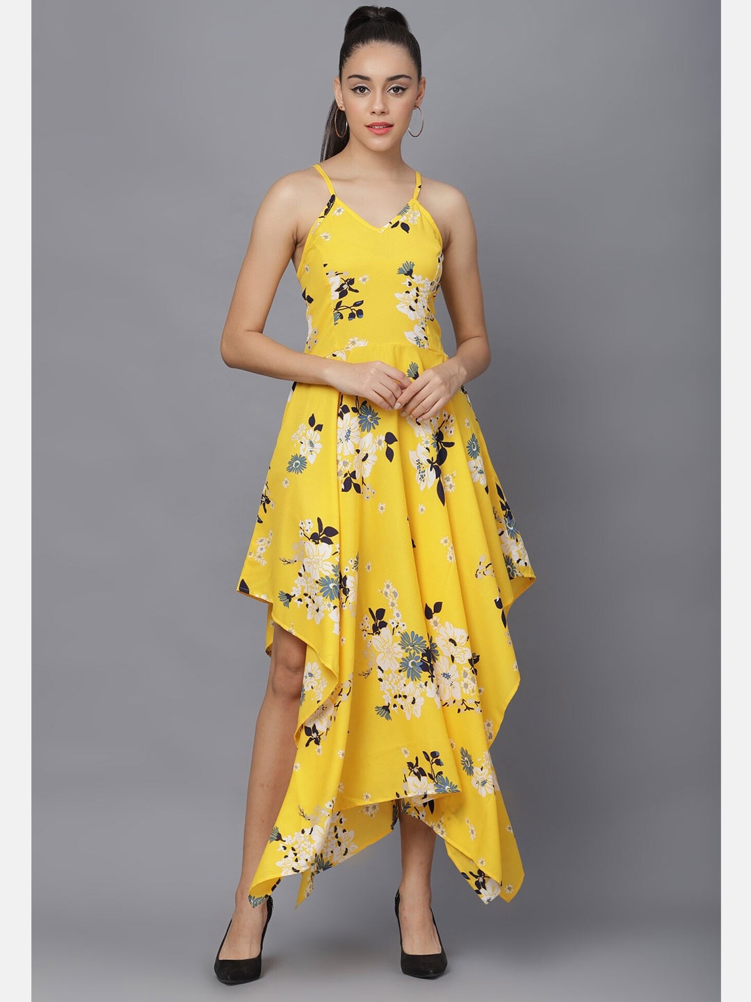 

Darzi Women Yellow Floral Printed Asymmetric Crepe Maxi Dress
