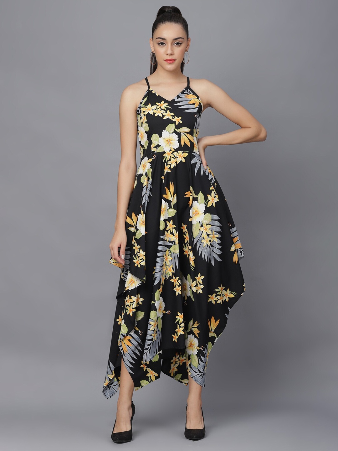 

Darzi Black & Yellow Floral Crepe Maxi Dress