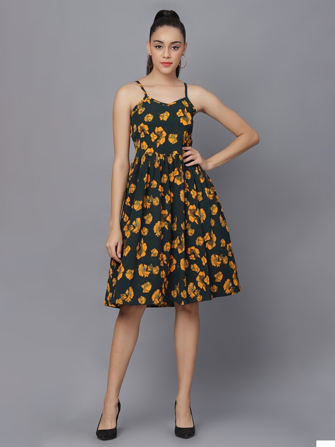 

Darzi Green & Yellow Floral Strappy Crepe Dress