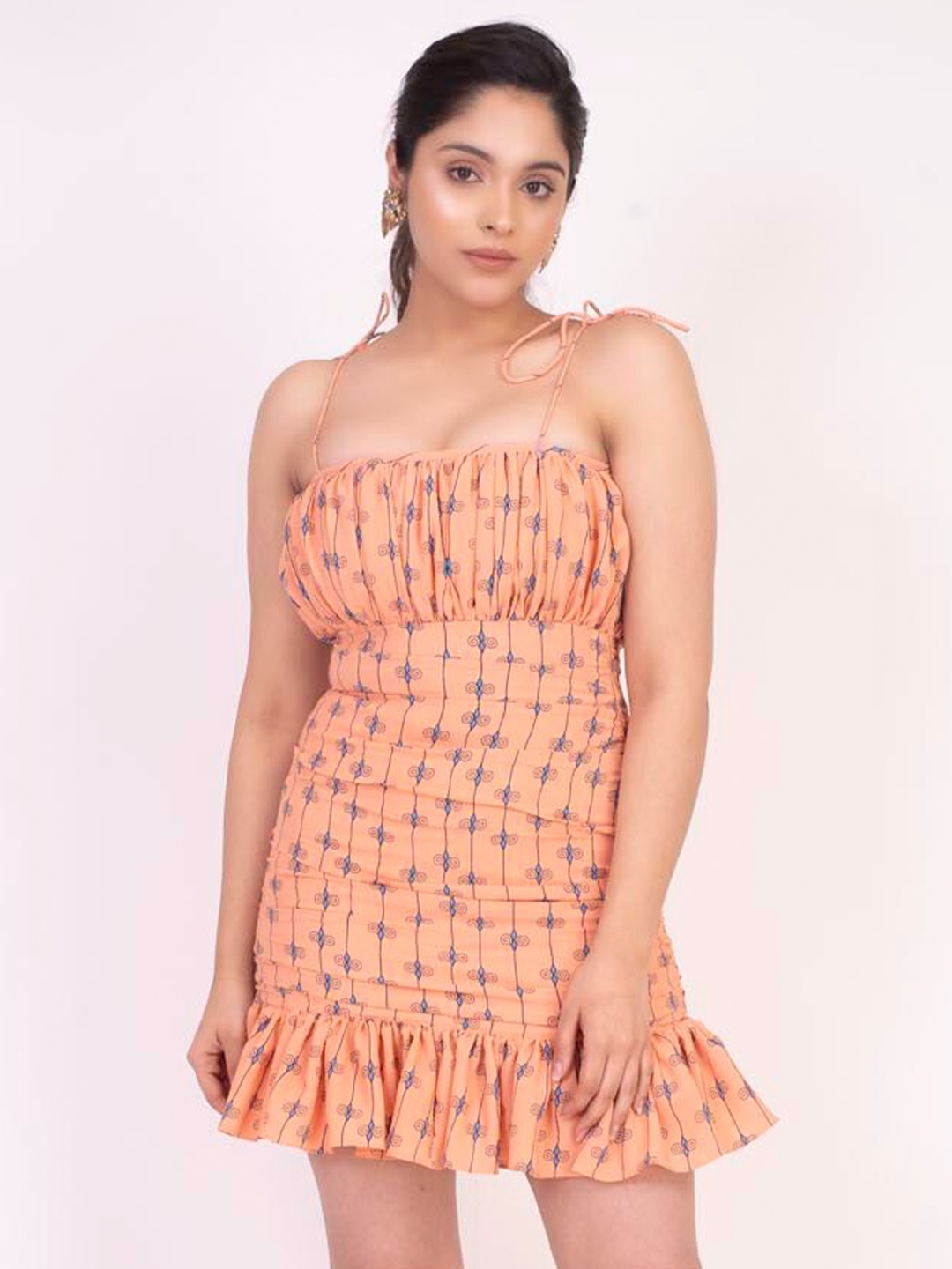 

KHUMAAR Shuchi Bhutani Orange & Blue Printed A-Line Mini Dress