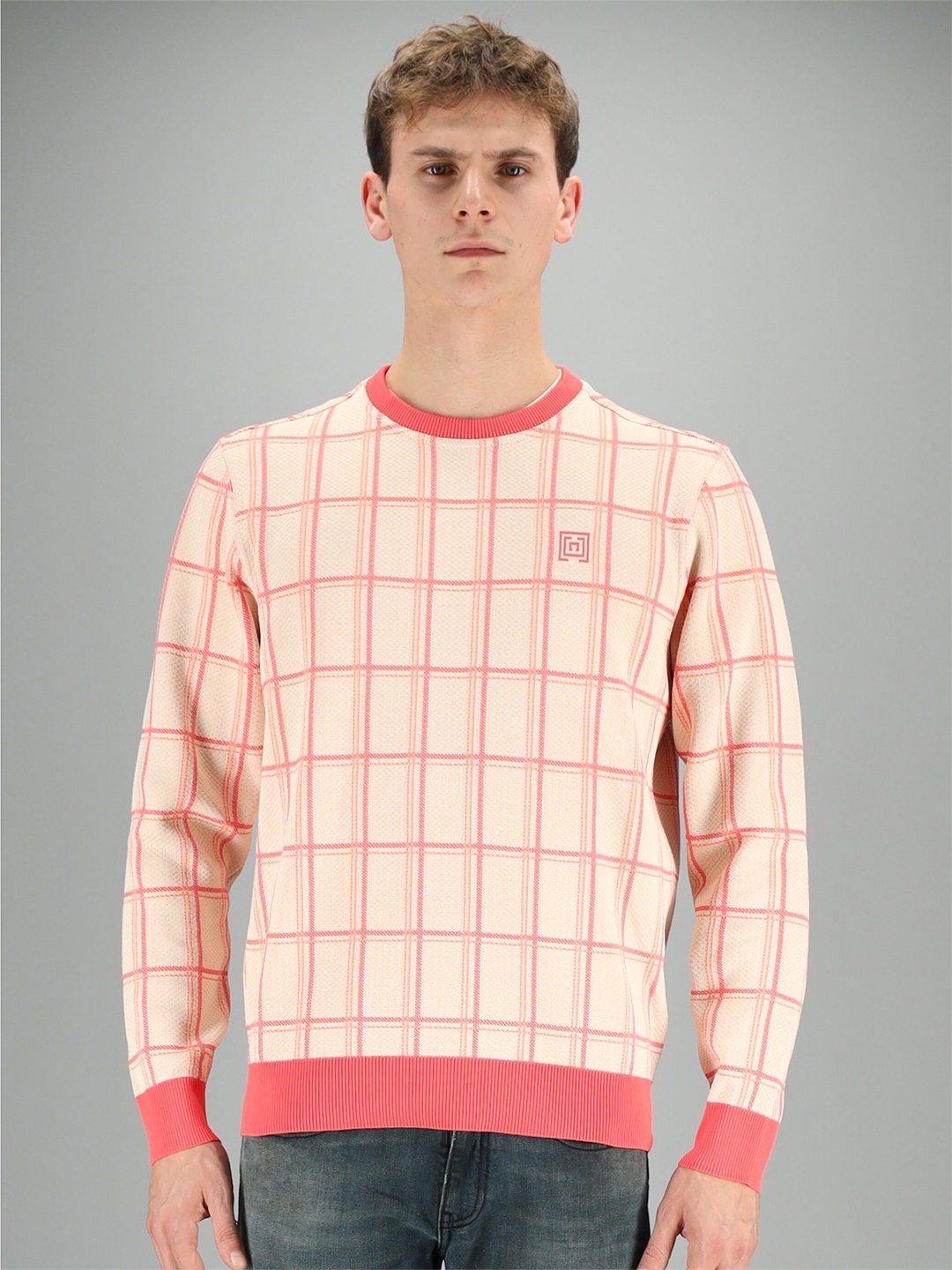 

FREESOUL Men Cream-Coloured & Peach Checked Sweatshirt