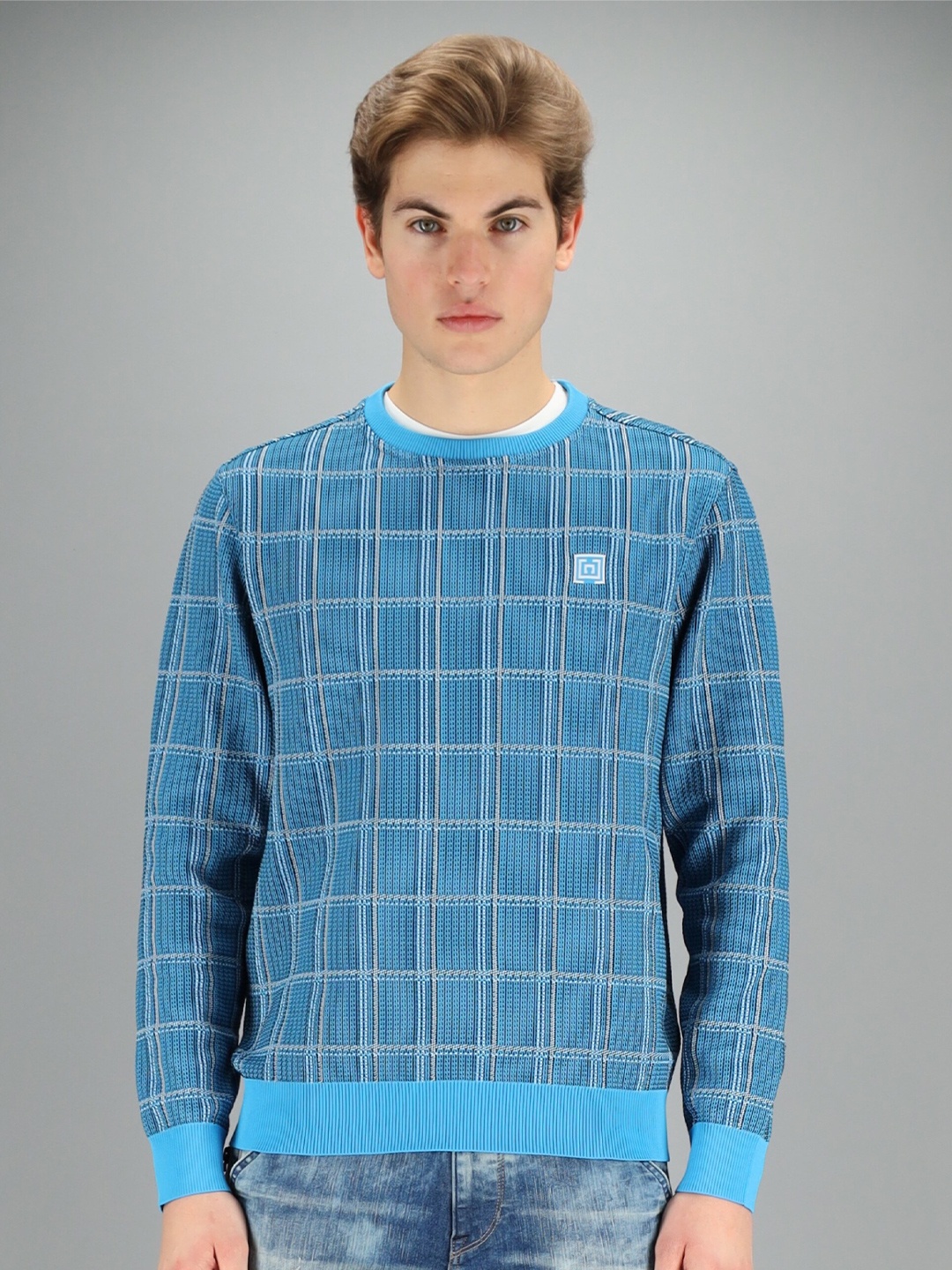 

FREESOUL Men Blue & Grey Checked Sweatshirt