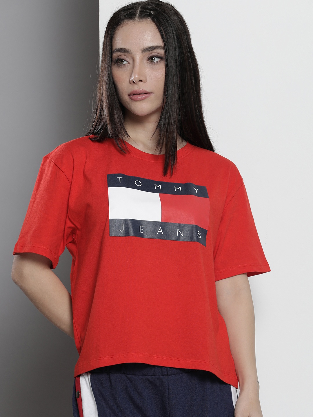 

Tommy Hilfiger Women Brand Logo Printed Pure Cotton T-shirt, Red