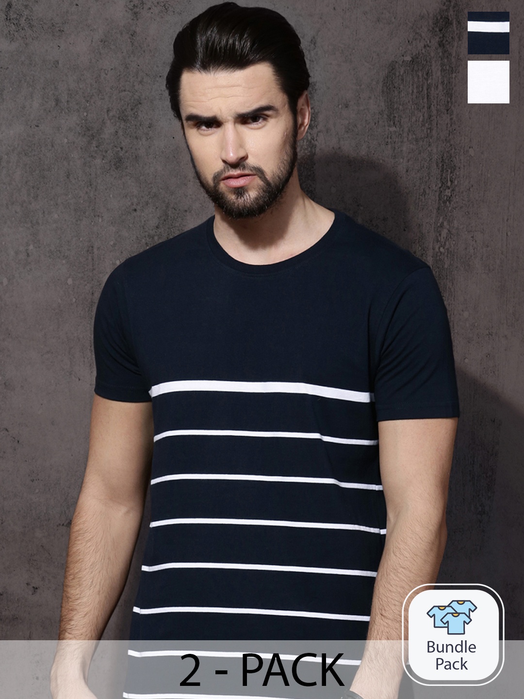 

Roadster Men Pack of 2 Pure Cotton Round Neck T-shirts, Navy blue
