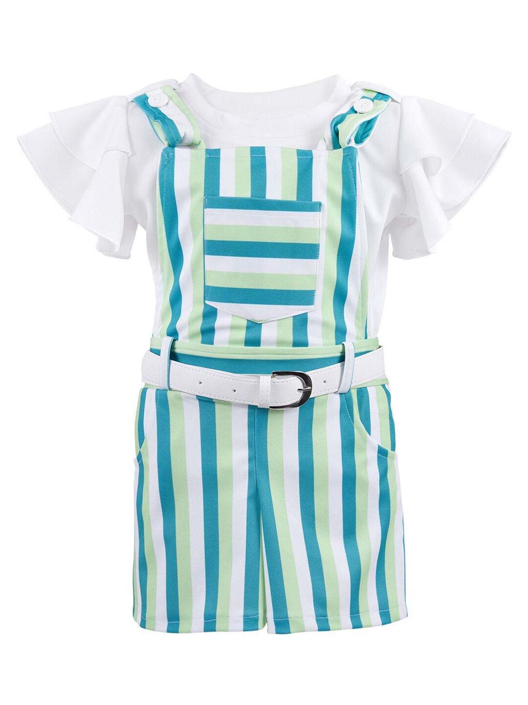 

Wish Karo Girls Green & White T-shirt with Striped Dungaree Shorts