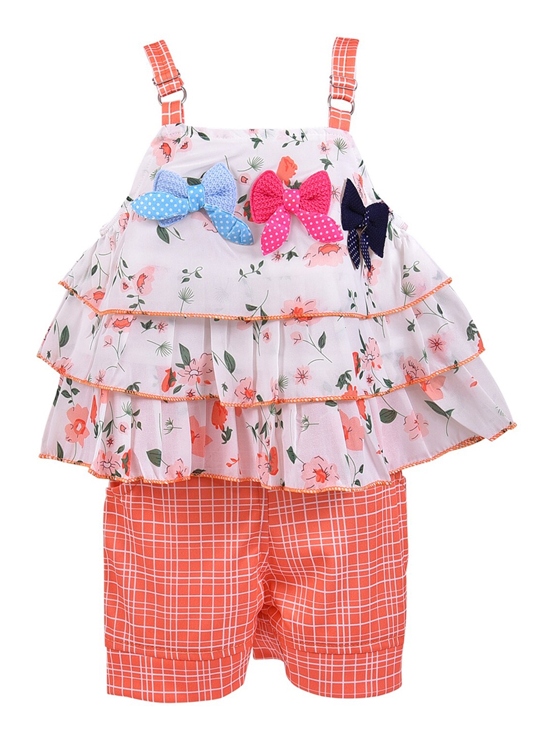 

Wish Karo Girls White & Orange Printed Top with Shorts Clothing Set