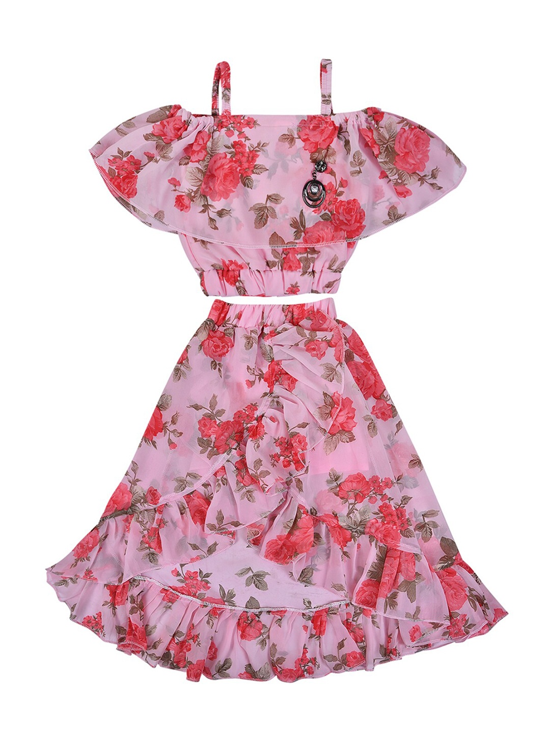 

Wish Karo Girls Pink & Red Floral Printed Top with Skirt