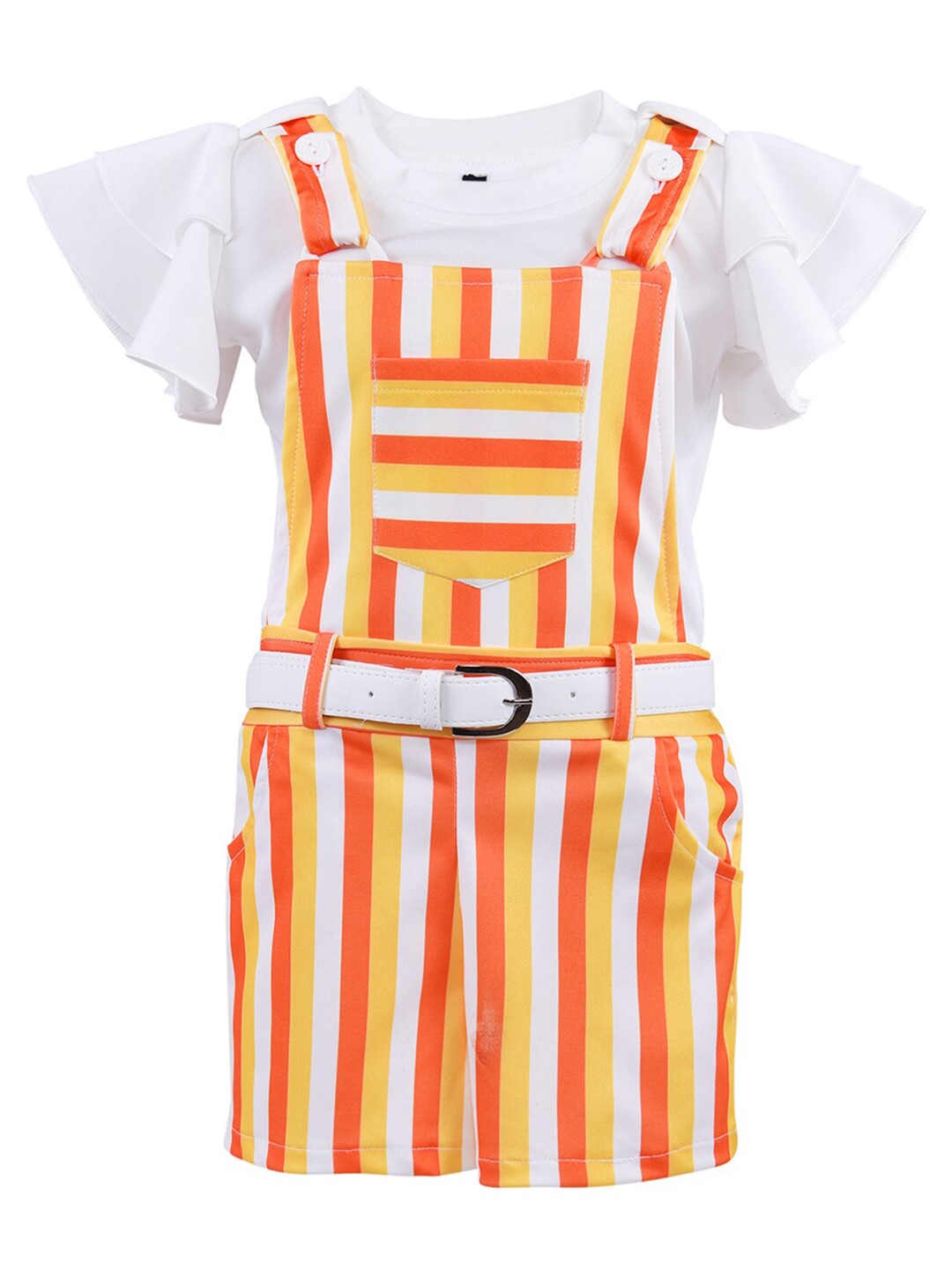 

Wish Karo Girls Orange & White T-shirt with Striped Dungaree Shorts
