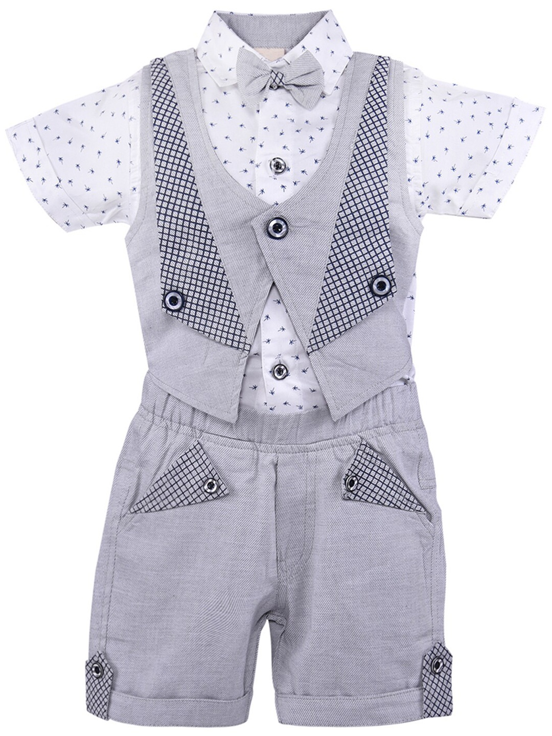 

Wish Karo Boys White & Grey Printed Shirt with Shorts With Waistcoat