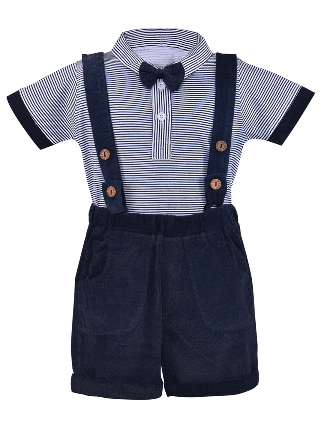 

Wish Karo Boys Navy Blue & White Striped T-shirt with Dungaree Shorts