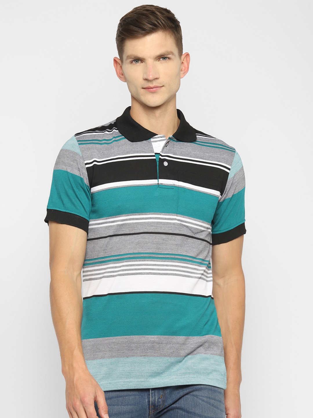 

Routeen Men Sea Green & Black Striped Polo Collar Slim Fit T-shirt