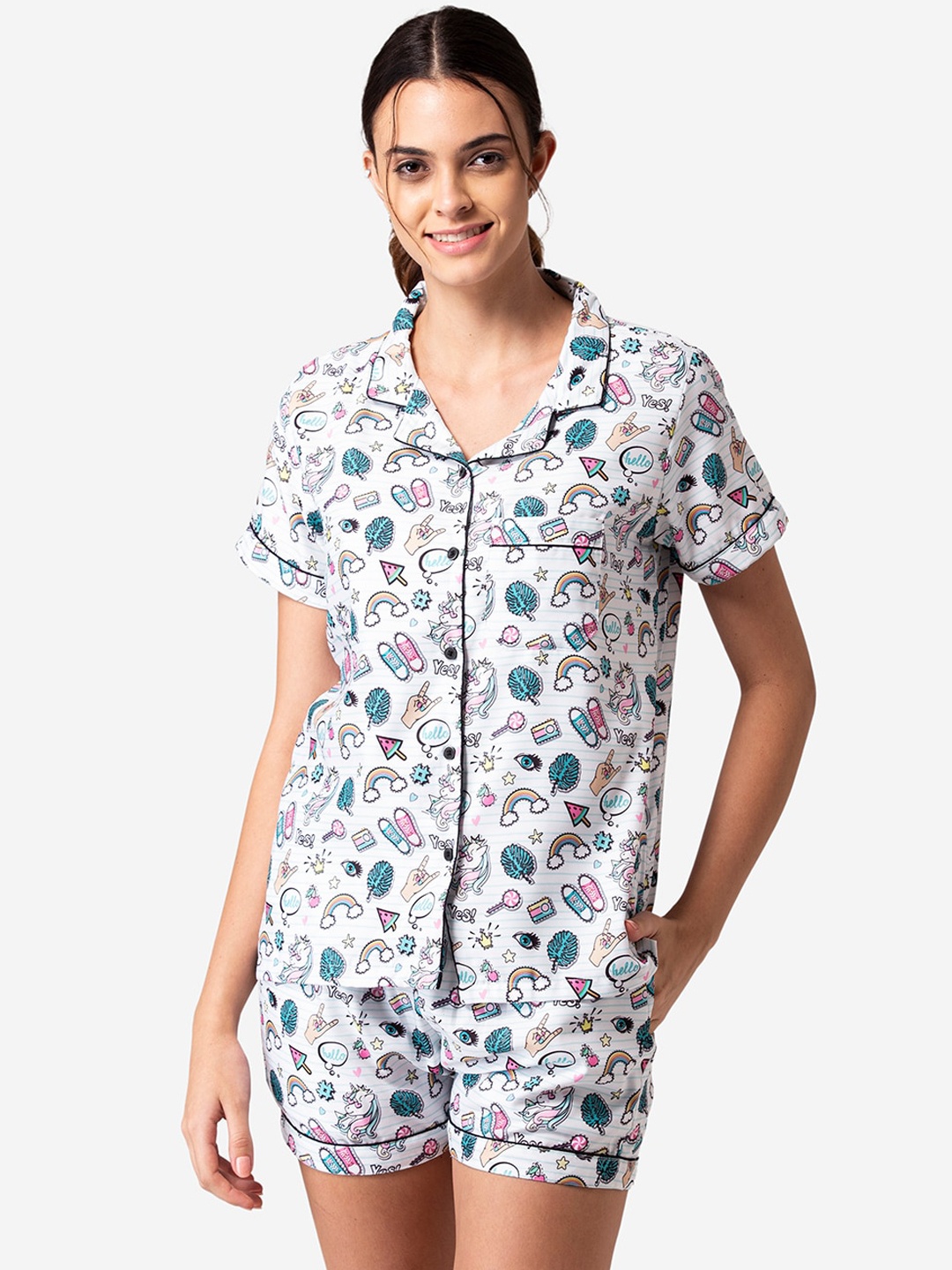 

Bellofox Women White & Teal Conversational Printed Night Suit