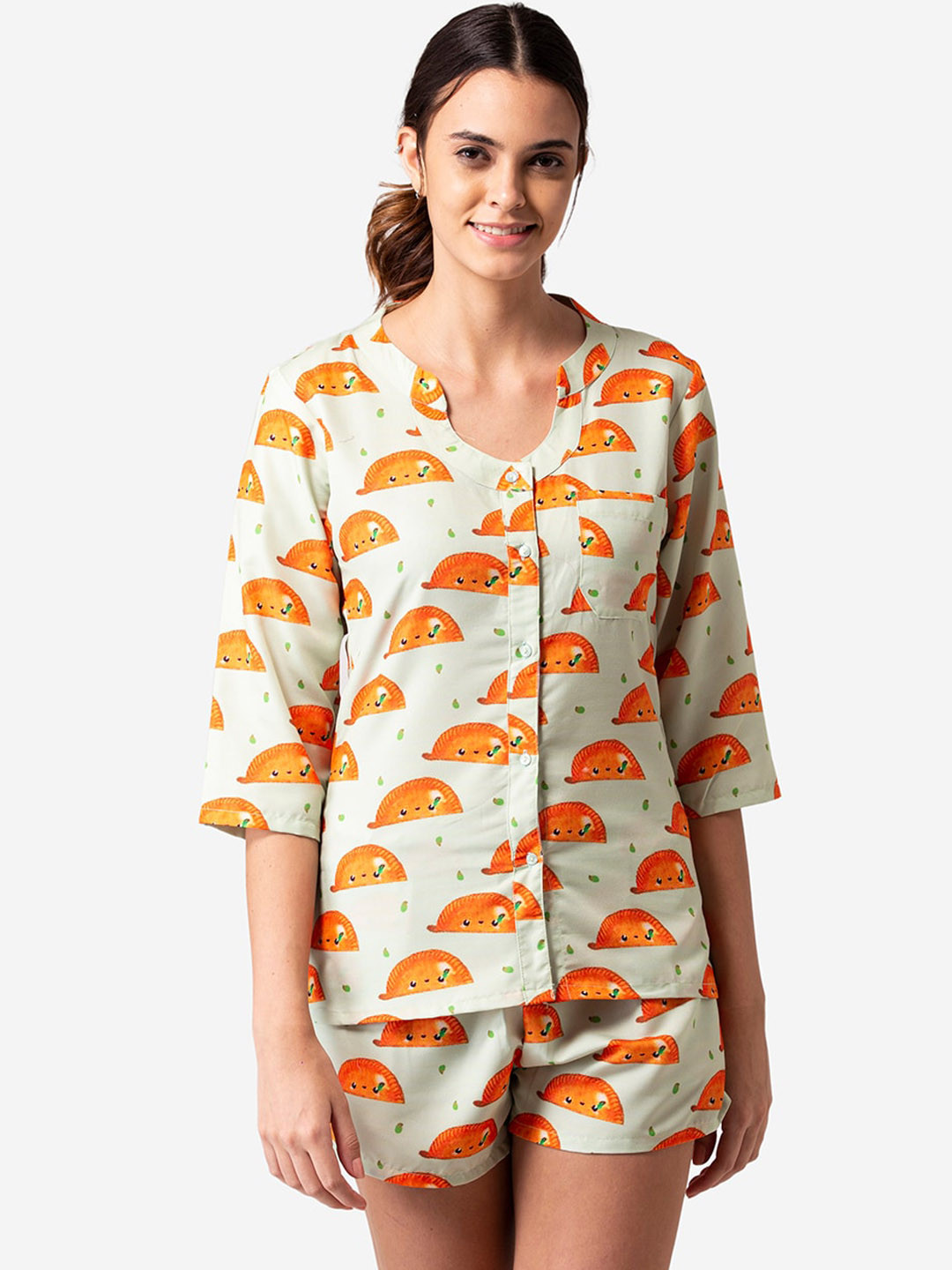 

Bellofox Women Off White & Orange Printed Cotton Blend Night suit
