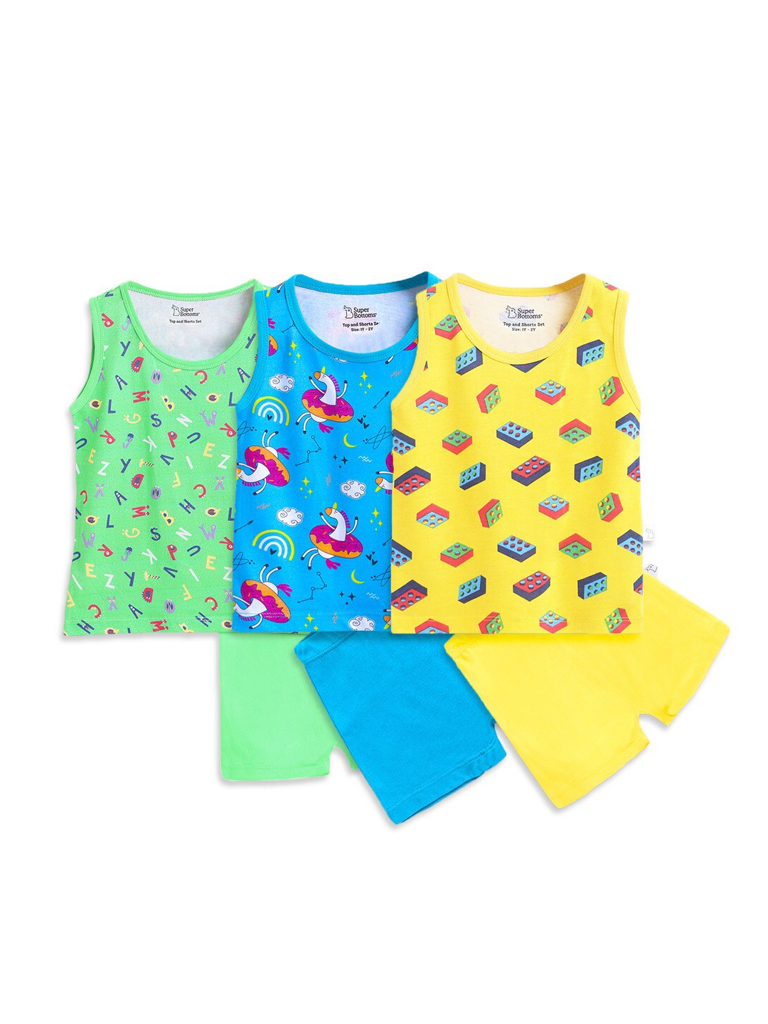 

SuperBottoms Kids Pack of 3 Yellow & Blue Printed Sustainable T-shirt with Shorts