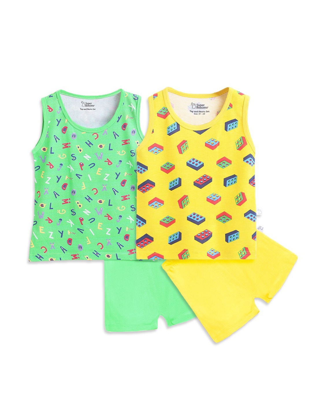 

SuperBottoms Pack of 2 Kids Yellow & Green Printed Sustainable T-shirt with Shorts
