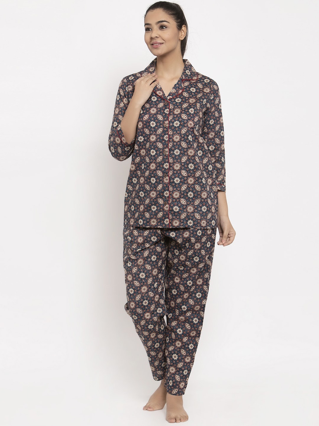 

Aujjessa Women Blue & Beige Printed Cotton Night suit