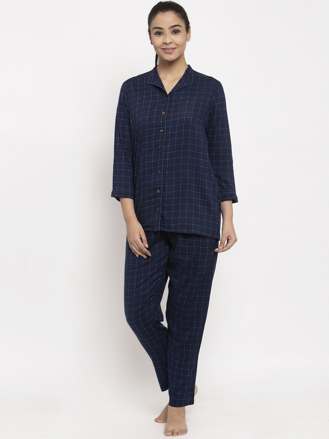 

Aujjessa Women Navy Blue Checked Night suit