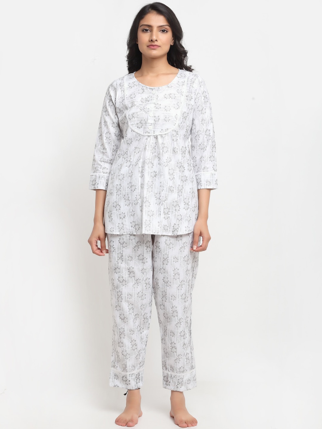 

Aujjessa Women White & Grey Floral Printed Night suit