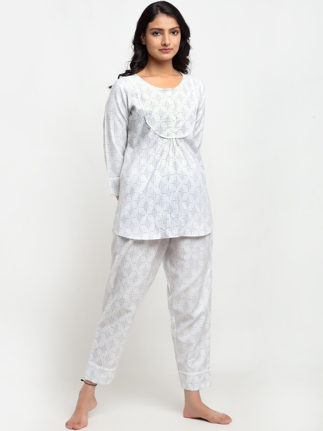 

Aujjessa Women White & Grey Printed Night suit