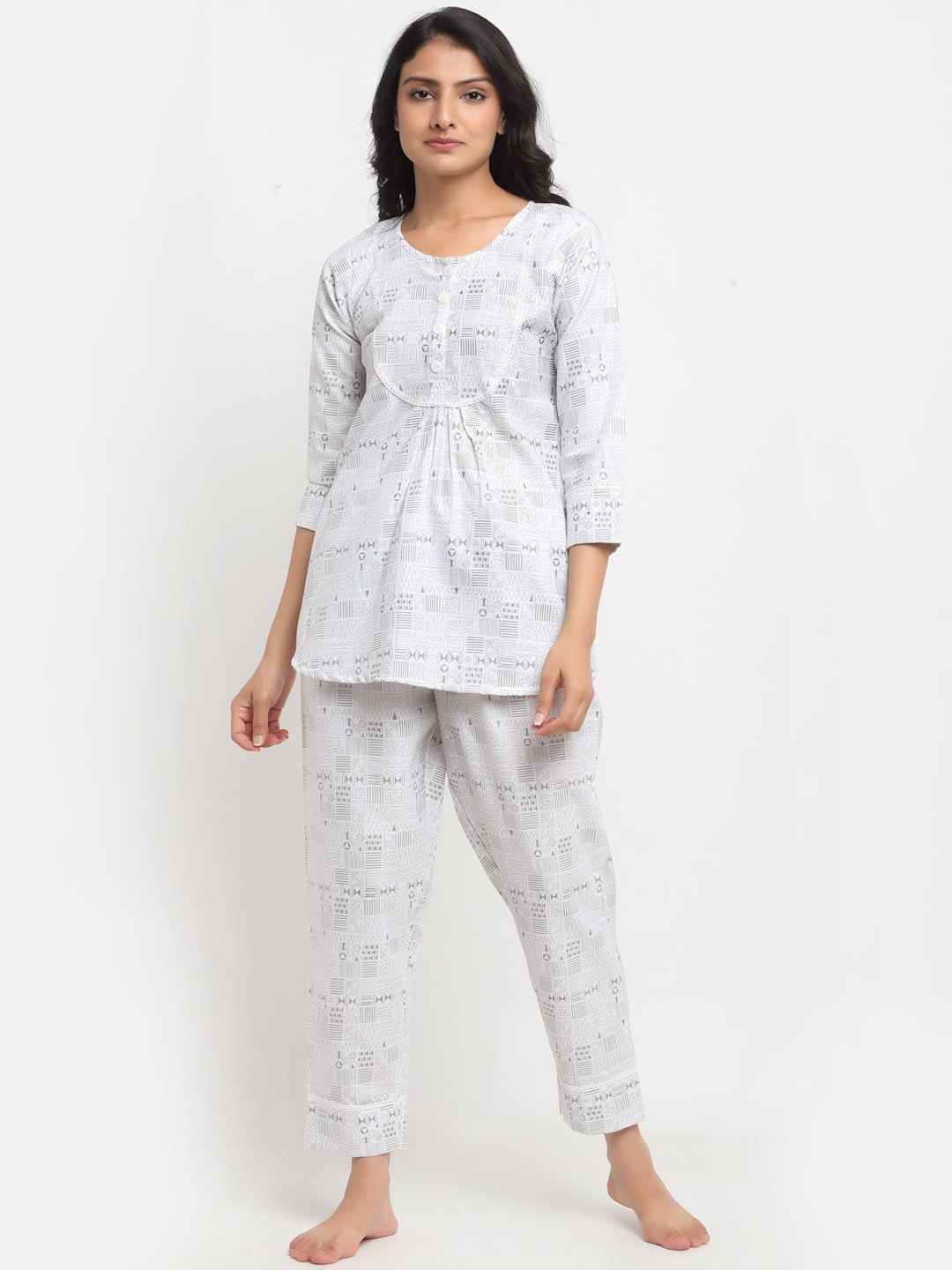 

Aujjessa Women White & Grey Printed Night suit