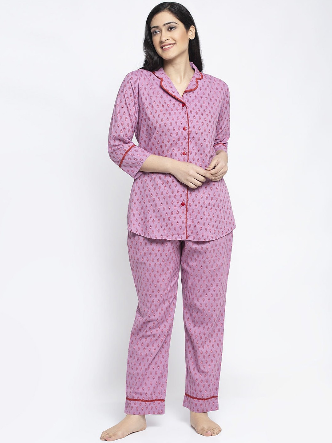 

Aujjessa Women Lavender & Red Printed Cotton Night suit