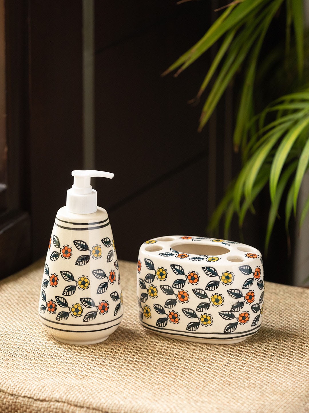 

ExclusiveLane Set of 2 Cozy Crossandras Painted Ceramic Bathroom Accessories Set, Multi