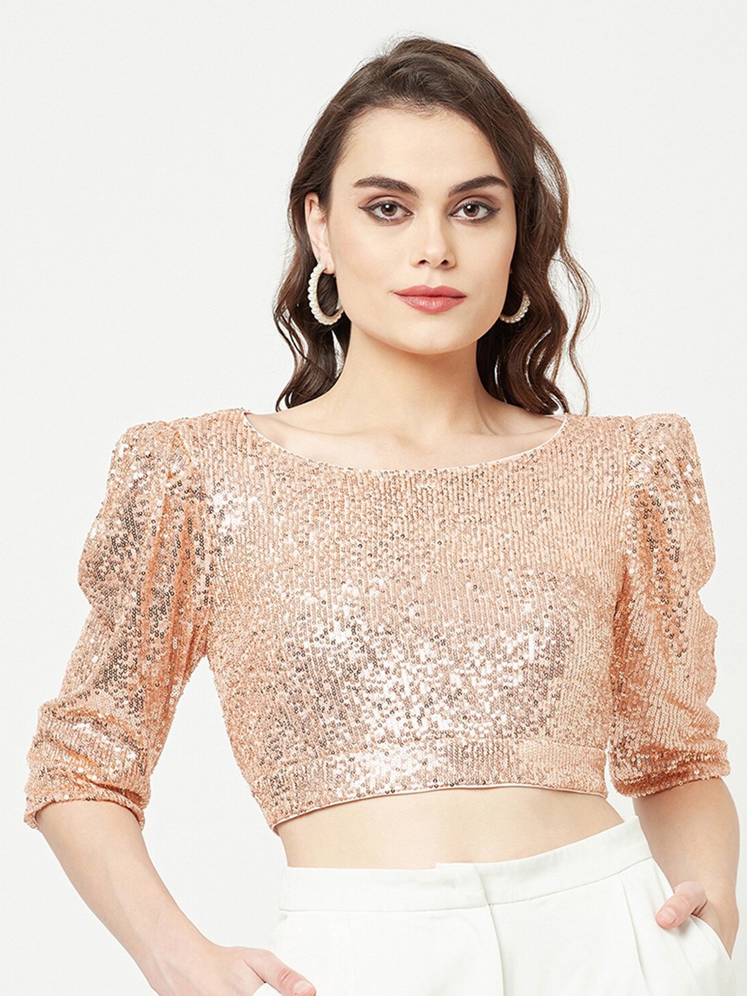 

ATTIC SALT Peach-Coloured Embellished Crop Top