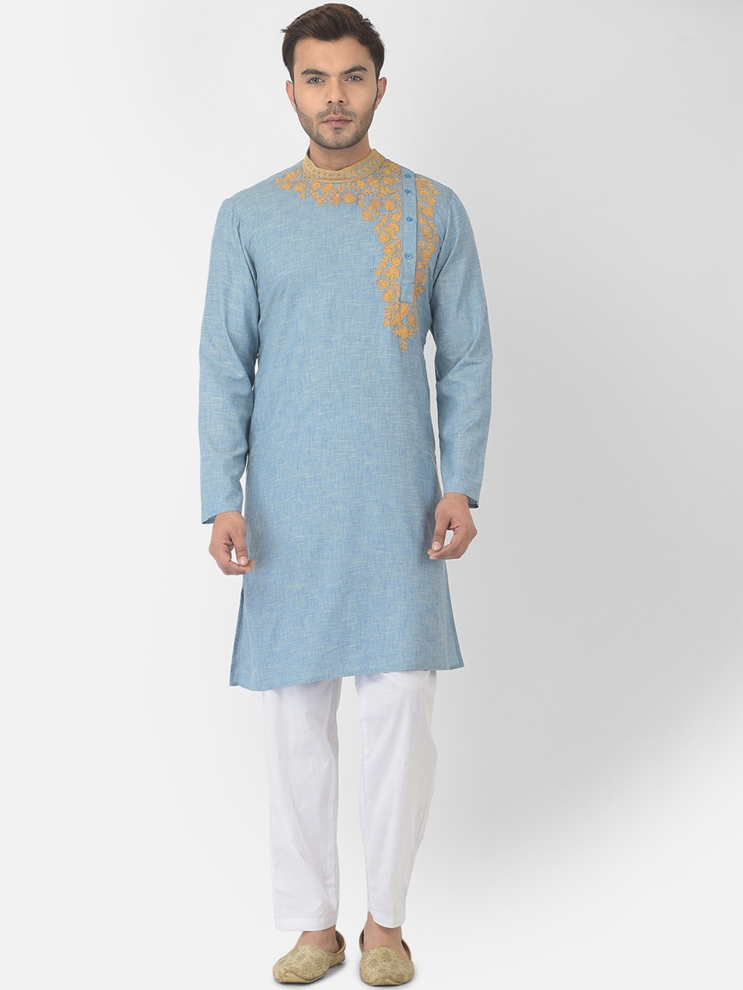 

DEYANN Men Blue Angrakha Pure Cotton Kurta with Pyjamas