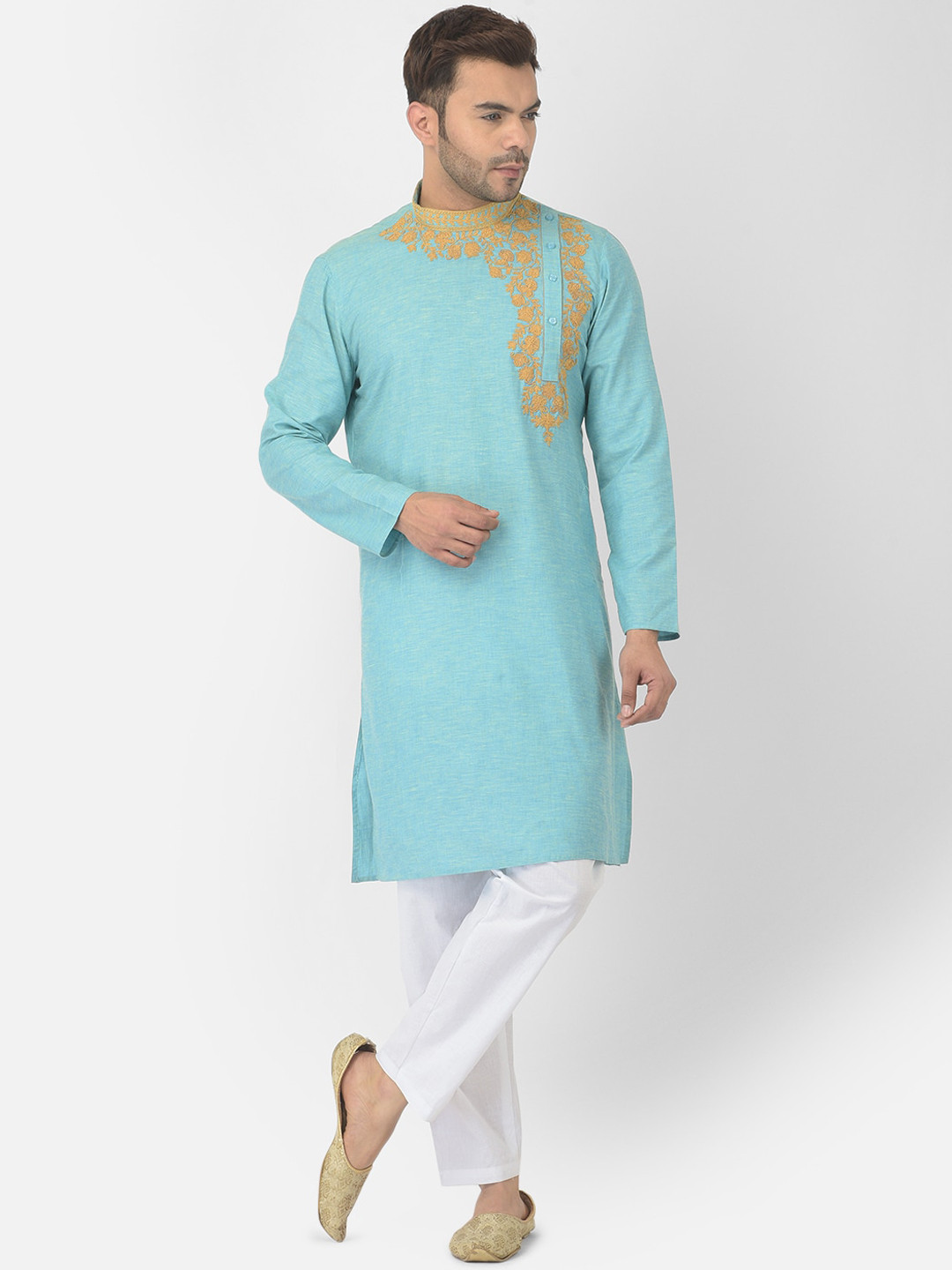 

DEYANN Men Blue Floral Embroidered Pure Cotton Kurta with Pyjamas
