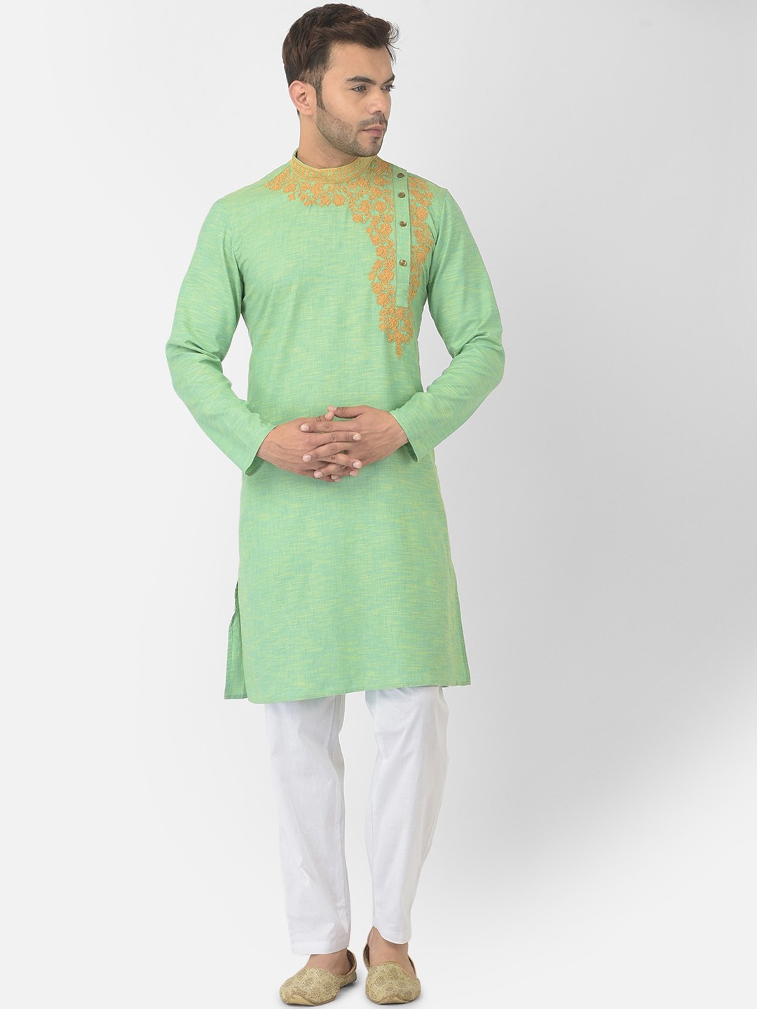 

DEYANN Men Green Angrakha Pure Cotton Kurta with Pyjamas
