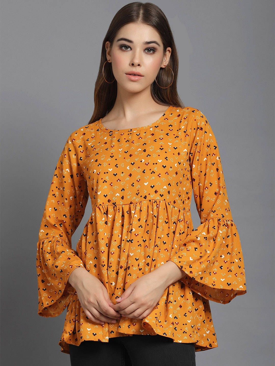 

Darzi Women Mustard Yellow Floral Print Crepe Top