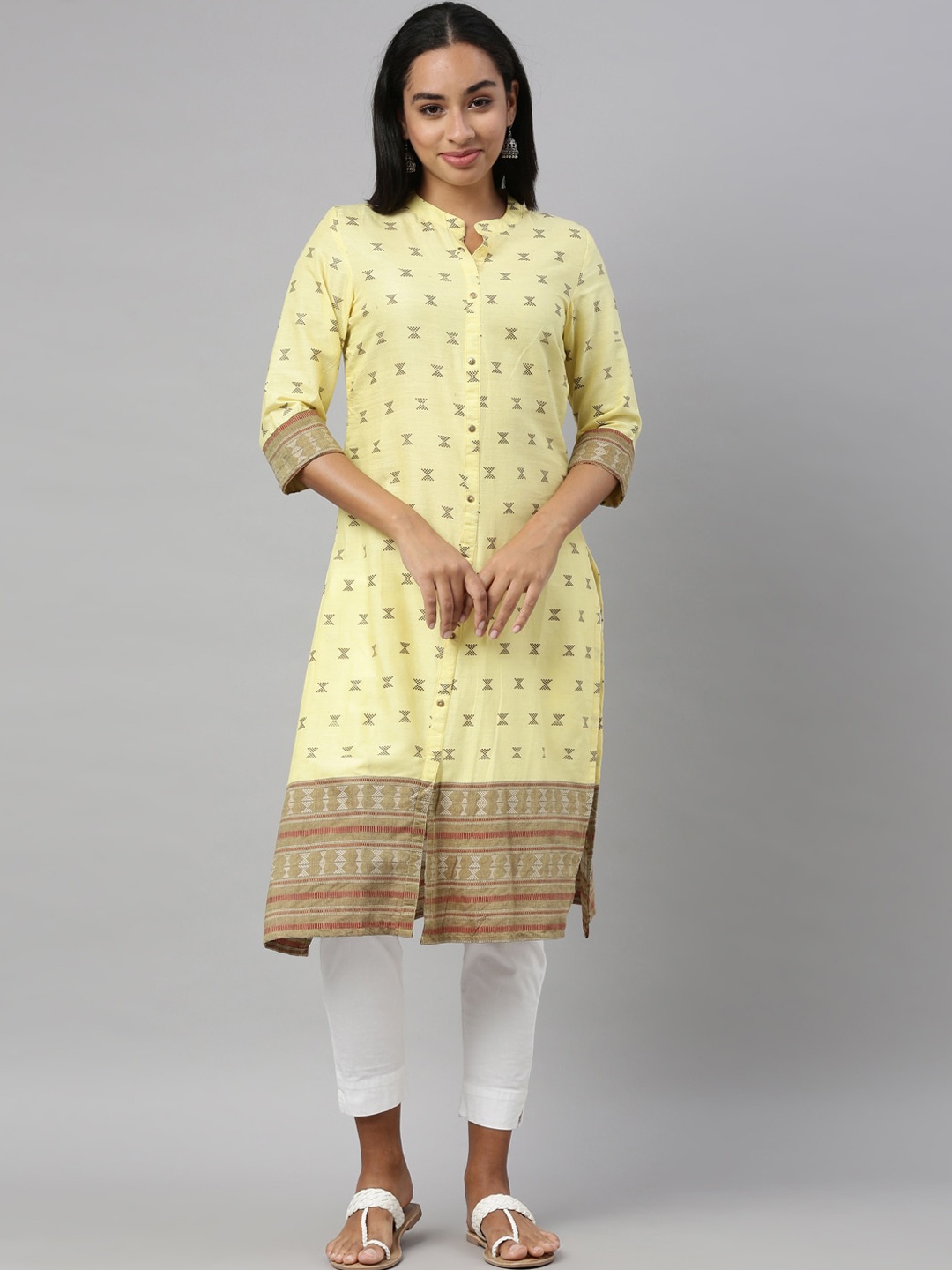 

Nahara Women Yellow Ethnic Motifs Printed Keyhole Neck Cotton Kurta